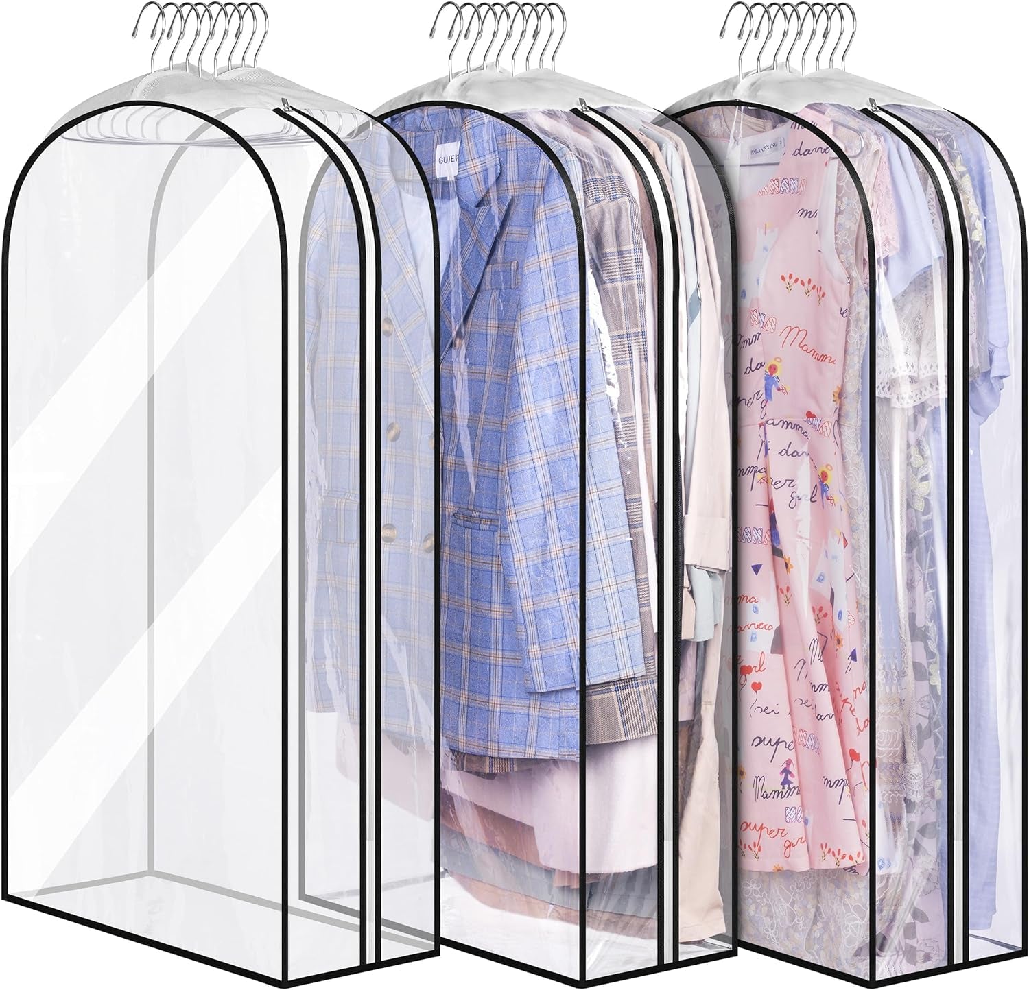Gusseted Clear Suit Covers Garment Bags for Clothes 100Cm Waterproof Cothes Covers Protector Bags with Side Zip for Coats, Shirts, Dresses, 3 Packs