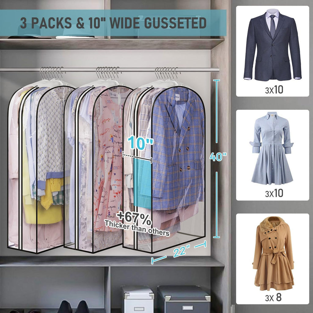Gusseted Clear Suit Covers Garment Bags for Clothes 100Cm Waterproof Cothes Covers Protector Bags with Side Zip for Coats, Shirts, Dresses, 3 Packs